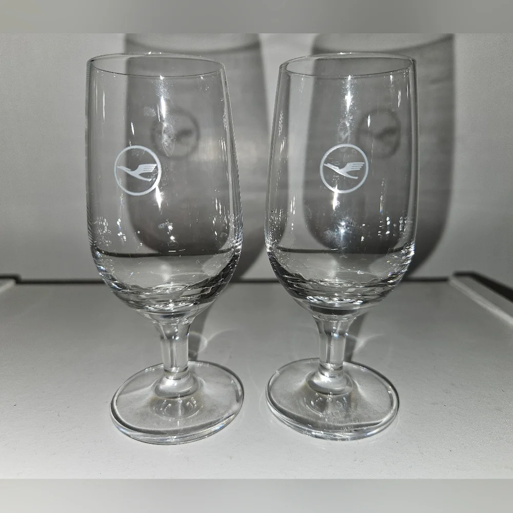 Set of 2 qty Lufthanza German airline stemmed shot glasses 4" tall - Picture 2 of 3